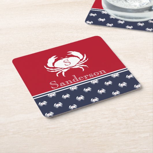 Mit Monogramm Red White Navy Blue Crab Nautic Rechteckiger Pappuntersetzer (angewinkelt)