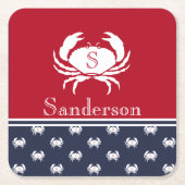 Mit Monogramm Red White Navy Blue Crab Nautic Rechteckiger Pappuntersetzer (Vorderseite)