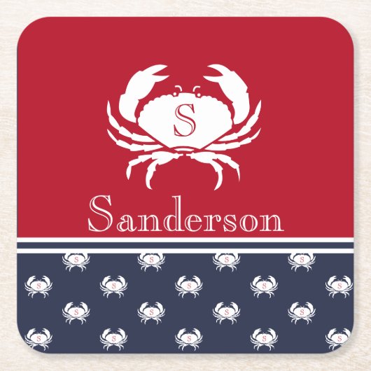 Mit Monogramm Red White Navy Blue Crab Nautic Rechteckiger Pappuntersetzer (Vorderseite)