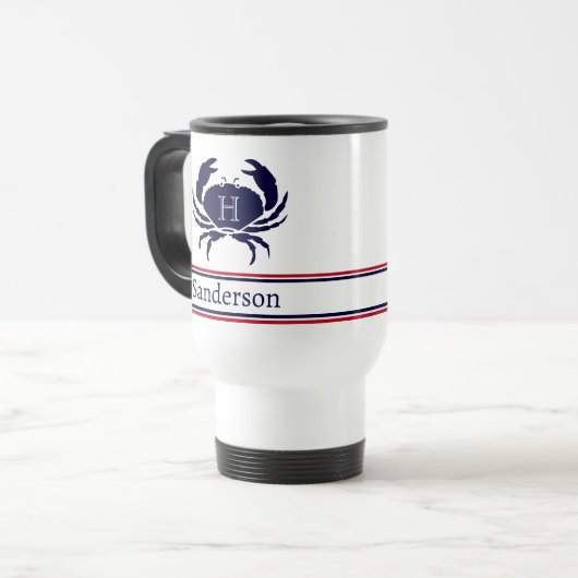 Mit Monogramm Red White Navy Blue Crab Nautic Reisebecher (Vorderseite Links)