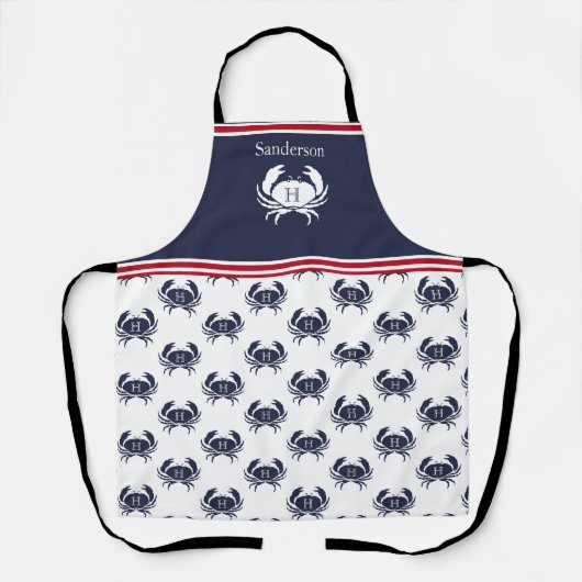 Mit Monogramm Red White Navy Blue Crab Nautic Schürze (Vorderseite)