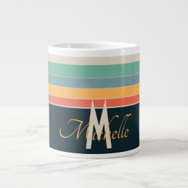 mit Monogramm Retro-70er Navy-Blue-Gelb-Rosa-Strei Jumbo-Tasse