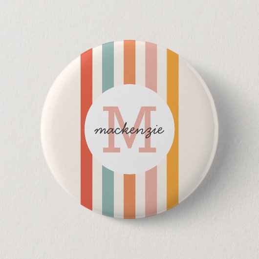 Mit Monogramm Retro Farbige Streifen Personalisier Button (Vorderseite)