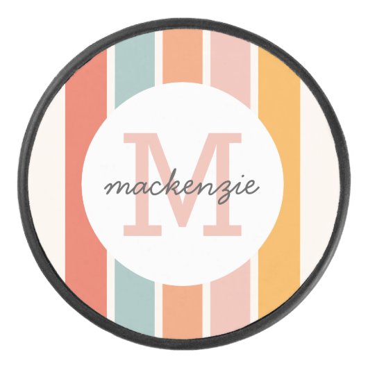 Mit Monogramm Retro Farbige Streifen Personalisier Eishockey Puck (Vorderseite)