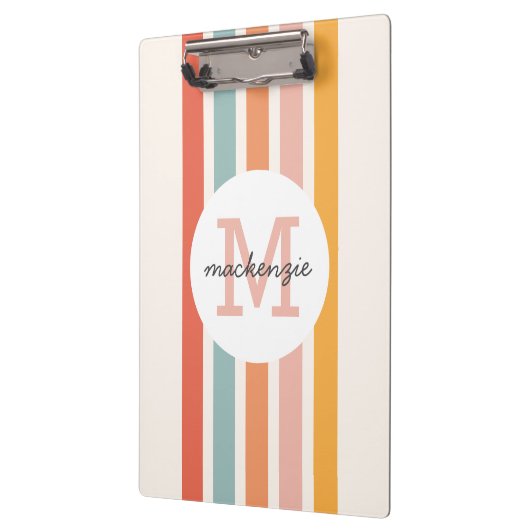 Mit Monogramm Retro Farbige Streifen Personalisier Klemmbrett (Links)