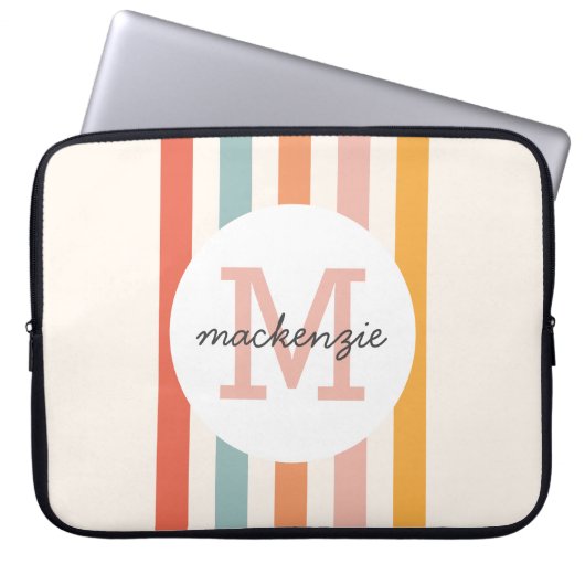 Mit Monogramm Retro Farbige Streifen Personalisier Laptopschutzhülle (Vorderseite)
