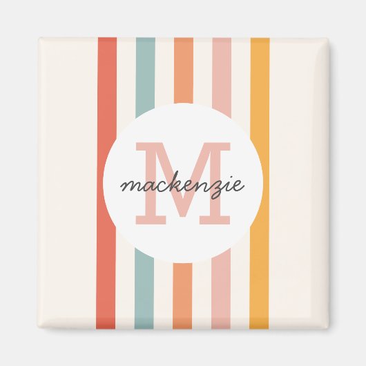 Mit Monogramm Retro Farbige Streifen Personalisier Magnet (Vorne)