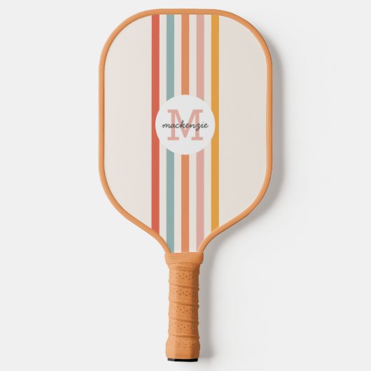 Mit Monogramm Retro Farbige Streifen Personalisier Pickleball Schläger (Rückseite)