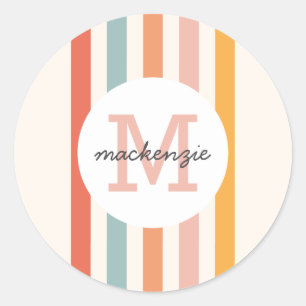 Mit Monogramm Retro Farbige Streifen Personalisier Runder Aufkleber