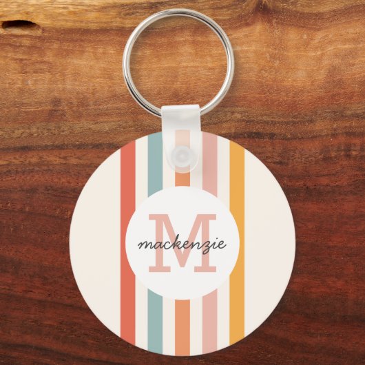 Mit Monogramm Retro Farbige Streifen Personalisier Schlüsselanhänger (Rückseite)
