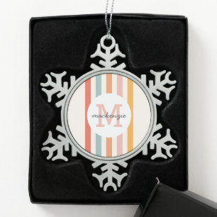 Mit Monogramm Retro Farbige Streifen Personalisier Schneeflocken Zinn-Ornament