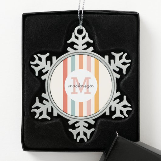 Mit Monogramm Retro Farbige Streifen Personalisier Schneeflocken Zinn-Ornament (Box)