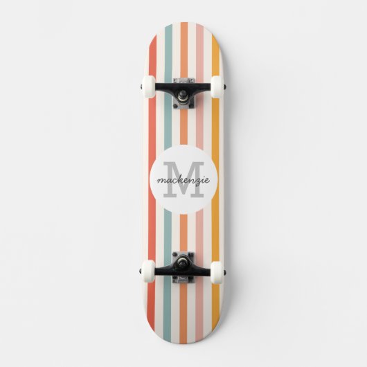 Mit Monogramm Retro Farbige Streifen Personalisier Skateboard (Vorderseite)