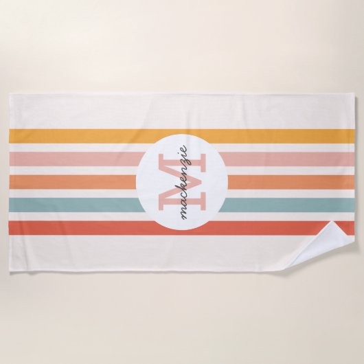 Mit Monogramm Retro Farbige Streifen Personalisier Strandtuch (Vorderseite)