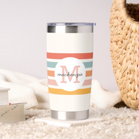 Mit Monogramm Retro Farbige Streifen Personalisier Thermobecher (Wohnzimmer)