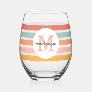Mit Monogramm Retro Farbige Streifen Personalisier Weinglas Ohne Stiel