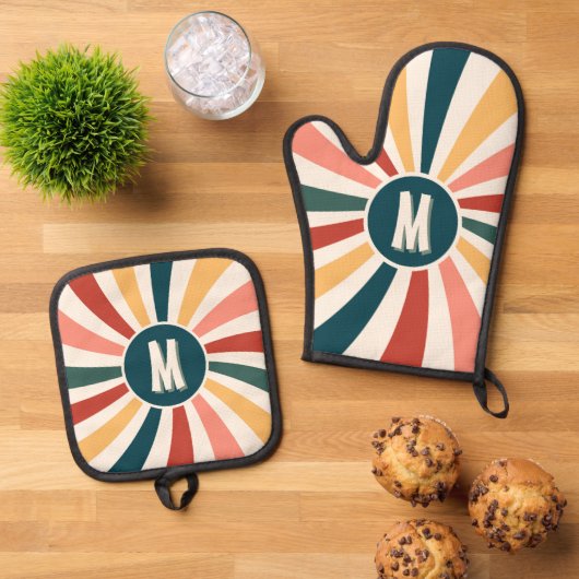Mit Monogramm Retro-Muster Kochen Ofenhandschuh & Topflappen-Set (Oben Unten)