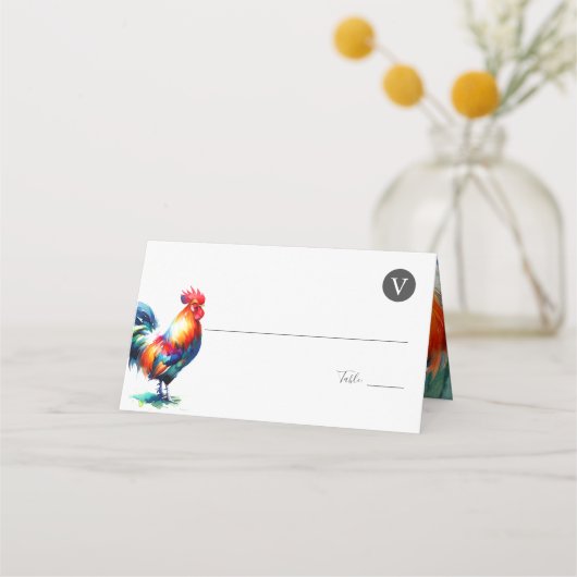 Mit Monogramm Rooster-Wasserfarbenhochzeit Platzkarte (Vorderseite)