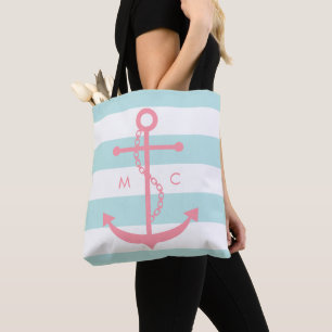 Mit Monogramm rosa Anker auf Minzstreifen Tasche