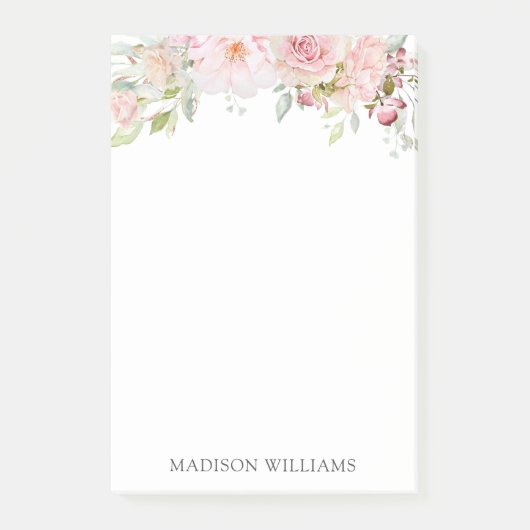 Mit Monogramm Rosa Aquarell Rose Blume Elegante Post-it Klebezettel (Vorderseite)