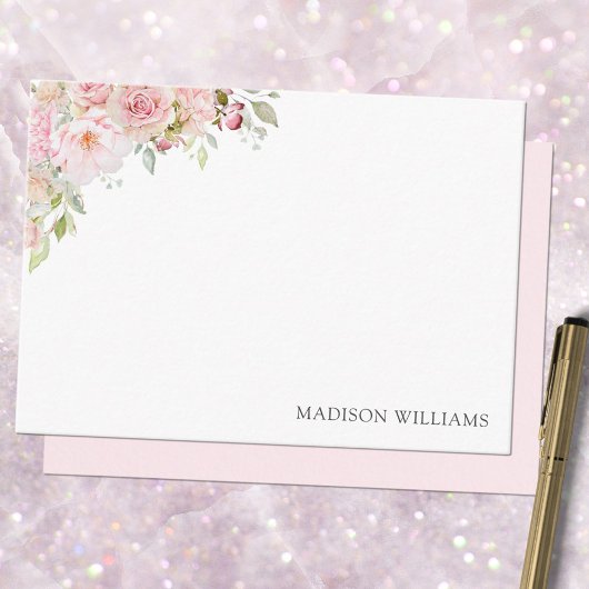 Mit Monogramm rosa Aquarellfarben Rose Blume Bläse Mitteilungskarte