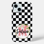 mit Monogramm, rosa Blume schwarz und weiß Checked Case-Mate iPhone Hülle (Rückseite)