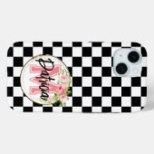 mit Monogramm, rosa Blume schwarz und weiß Checked Case-Mate iPhone Hülle (Rückseite (Horizontal))