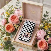 Mit Monogramm rosa Blume schwarz und weiß Checked Case-Mate iPhone Hülle