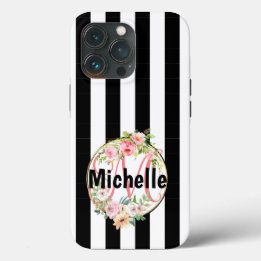 Mit Monogramm-rosa Blume, schwarz-weiße Streifen Case-Mate iPhone Hülle