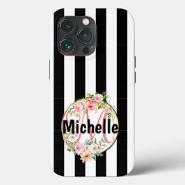 Mit Monogramm-rosa Blume, schwarz-weiße Streifen Case-Mate iPhone Hülle