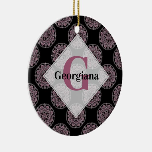 Mit Monogramm rosa Blumenfronten Polka Dot Mandala Keramik Ornament (Rechts)