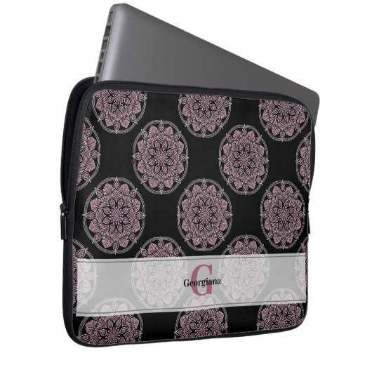 Mit Monogramm rosa Blumenfronten Polka Dot Mandala Laptopschutzhülle (Vorne Rechts)