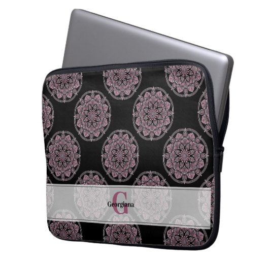 Mit Monogramm rosa Blumenfronten Polka Dot Mandala Laptopschutzhülle (Vorderseite Links)
