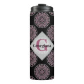 Mit Monogramm rosa Blumenfronten Polka Dot Mandala Thermosbecher (Vorderseite)