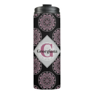 Mit Monogramm rosa Blumenfronten Polka Dot Mandala Thermosbecher