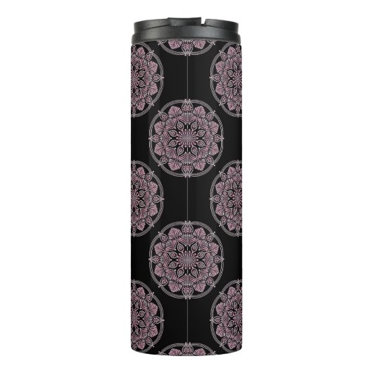 Mit Monogramm rosa Blumenfronten Polka Dot Mandala Thermosbecher (Rückseite)