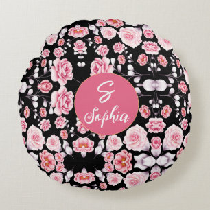 Mit Monogramm rosa Blumenmuster auf schwarz Rundes Kissen