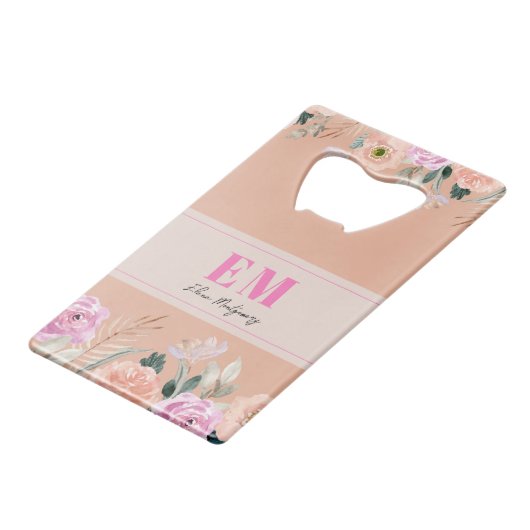 Mit Monogramm rosa Blüte Geldbeutel Flaschenöffner (Vorderseite Schrägansicht)