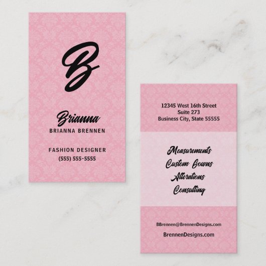 Mit Monogramm rosa Damask Visitenkarte (Vorne/Hinten)