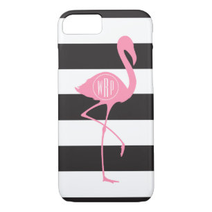 Mit Monogramm rosa Flamingo + Schwarz + Weiße Stre Case-Mate iPhone Hülle