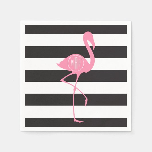 Mit Monogramm rosa Flamingo + Schwarz + Weiße Stre Serviette (Vorderseite)