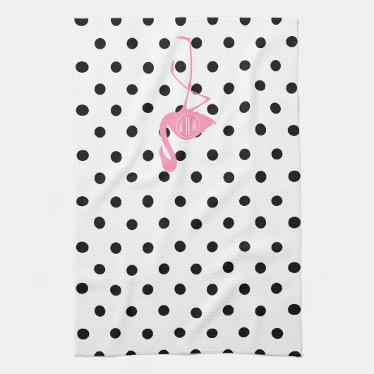 Mit Monogramm rosa Flamingo + Schwarzer Tupfen Küchentuch (Vertikal)