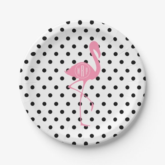 Mit Monogramm rosa Flamingo + Schwarzer Tupfen Pappteller (Vorderseite)