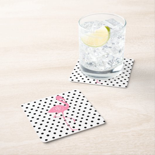 Mit Monogramm rosa Flamingo + Schwarzer Tupfen Rechteckiger Pappuntersetzer (Vor Ort)