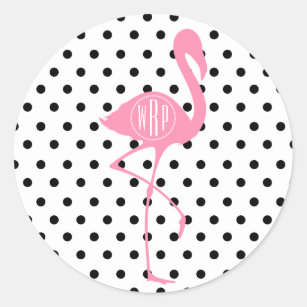 Mit Monogramm rosa Flamingo + Schwarzer Tupfen Runder Aufkleber