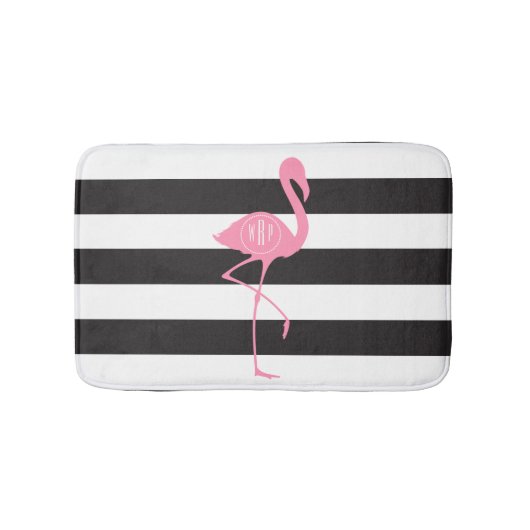 Mit Monogramm rosa Flamingo + Schwarzes + Weiße Badematte (Vorderseite)