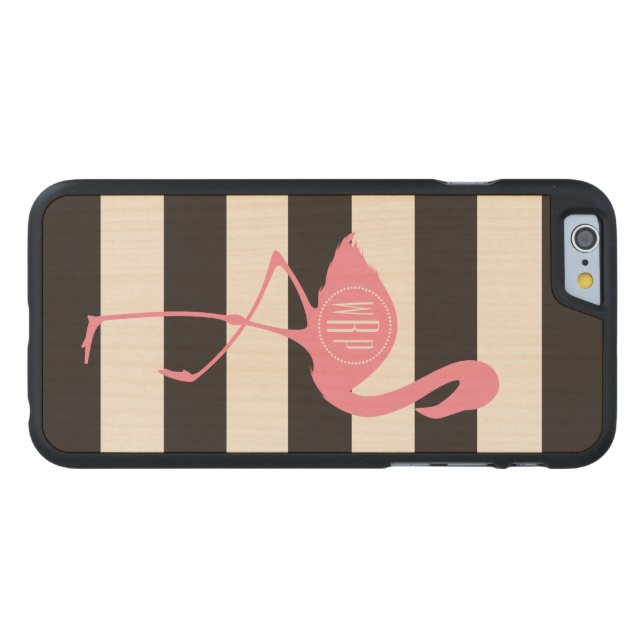 Mit Monogramm rosa Flamingo + Schwarzes + Weiße Carved Wood iPhone Hülle (Rückseite Horizontal)