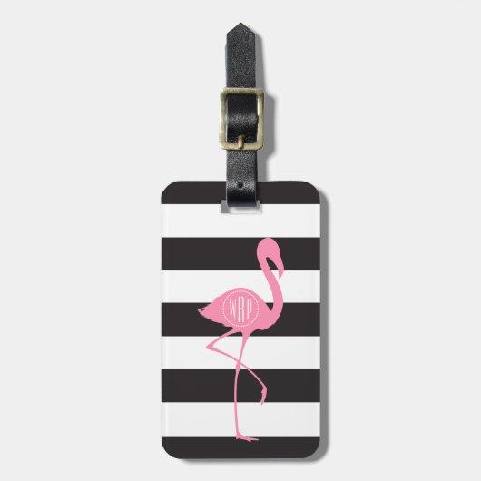 Mit Monogramm rosa Flamingo + Schwarzes + Weiße Gepäckanhänger (Vorderseite vertikal)