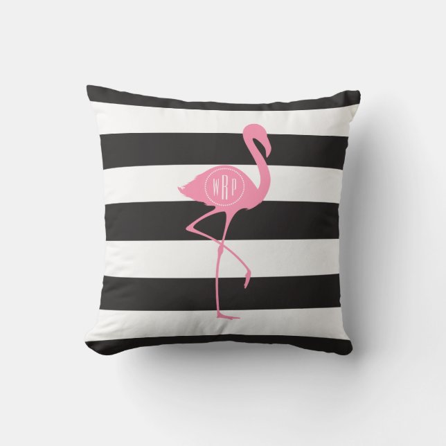 Mit Monogramm rosa Flamingo + Schwarzes + Weiße Kissen (Vorderseite)