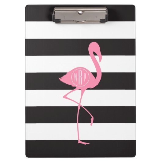 Mit Monogramm rosa Flamingo + Schwarzes + Weiße Klemmbrett (Vorderseite)